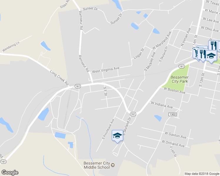 map of restaurants, bars, coffee shops, grocery stores, and more near Highway 161 in Bessemer City