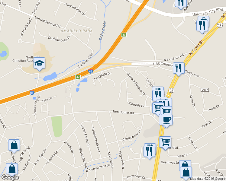 map of restaurants, bars, coffee shops, grocery stores, and more near 6602 Hampton Way Drive in Charlotte