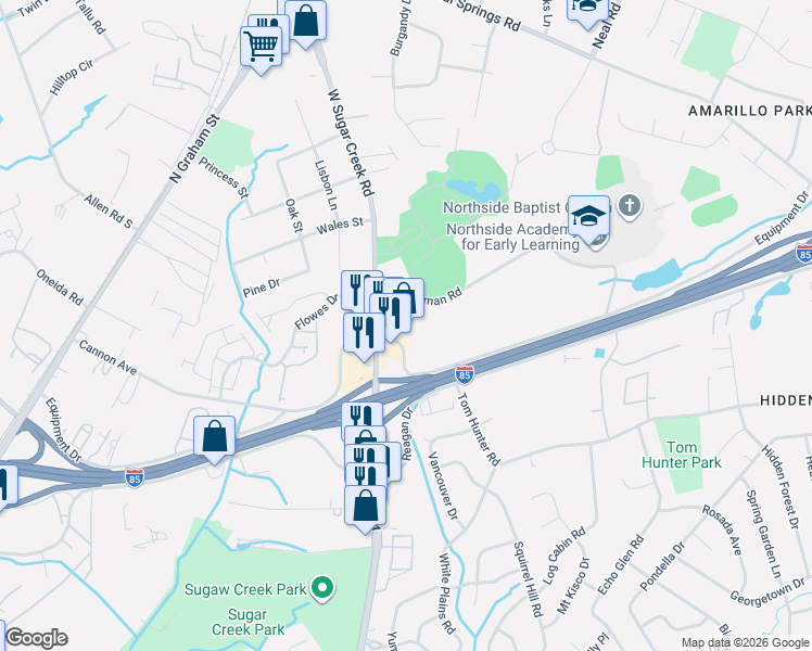 map of restaurants, bars, coffee shops, grocery stores, and more near 1408 West Sugar Creek Road in Charlotte