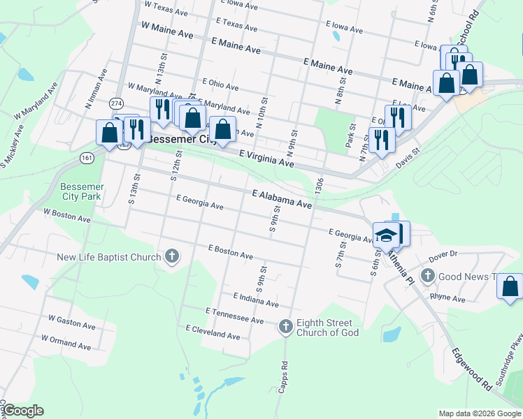map of restaurants, bars, coffee shops, grocery stores, and more near 312 East Alabama Avenue in Bessemer City
