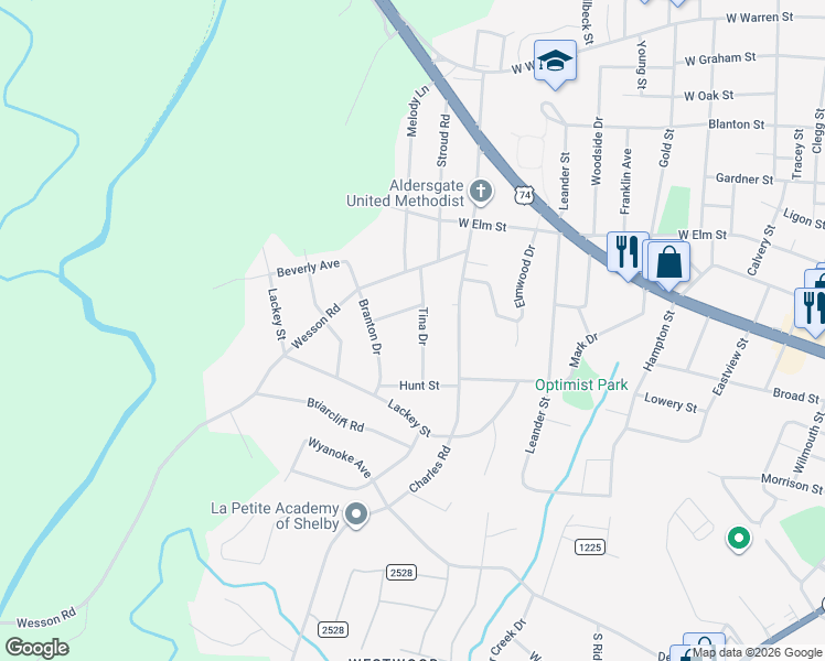 map of restaurants, bars, coffee shops, grocery stores, and more near 618 Tina Drive in Shelby