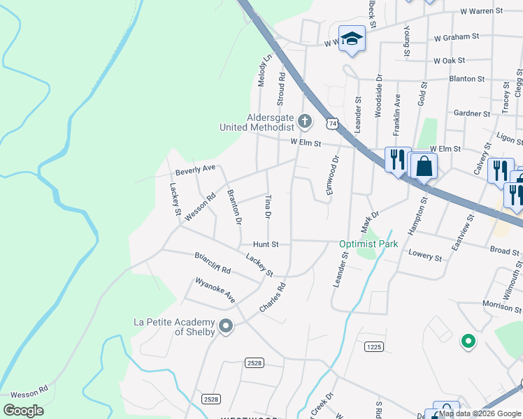 map of restaurants, bars, coffee shops, grocery stores, and more near 618 Tina Drive in Shelby