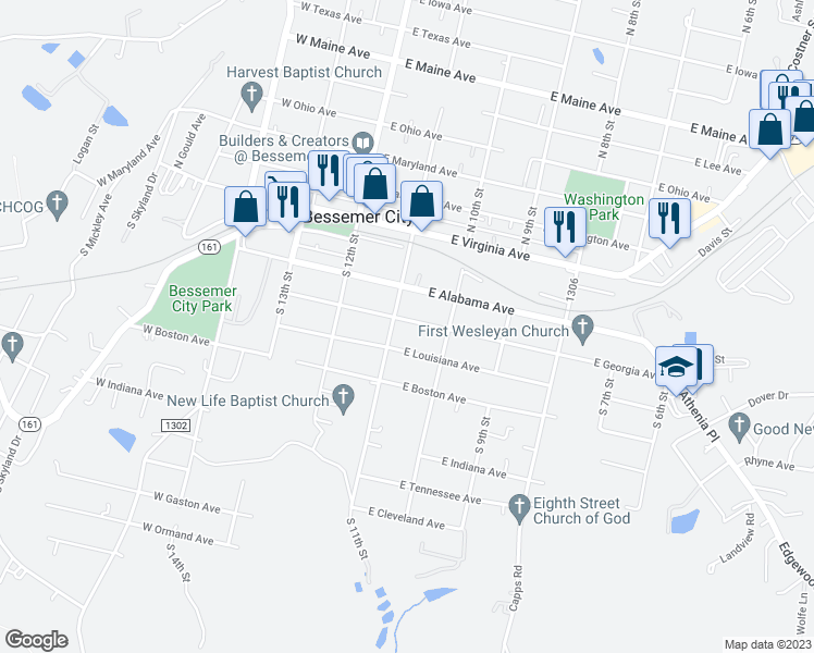 map of restaurants, bars, coffee shops, grocery stores, and more near 204 East Georgia Avenue in Bessemer City