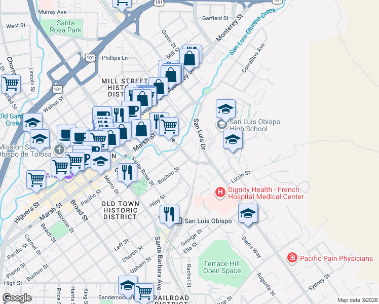 map of restaurants, bars, coffee shops, grocery stores, and more near 1420 Johnson Avenue in San Luis Obispo