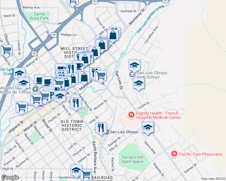 map of restaurants, bars, coffee shops, grocery stores, and more near 1309 Pismo Street in San Luis Obispo