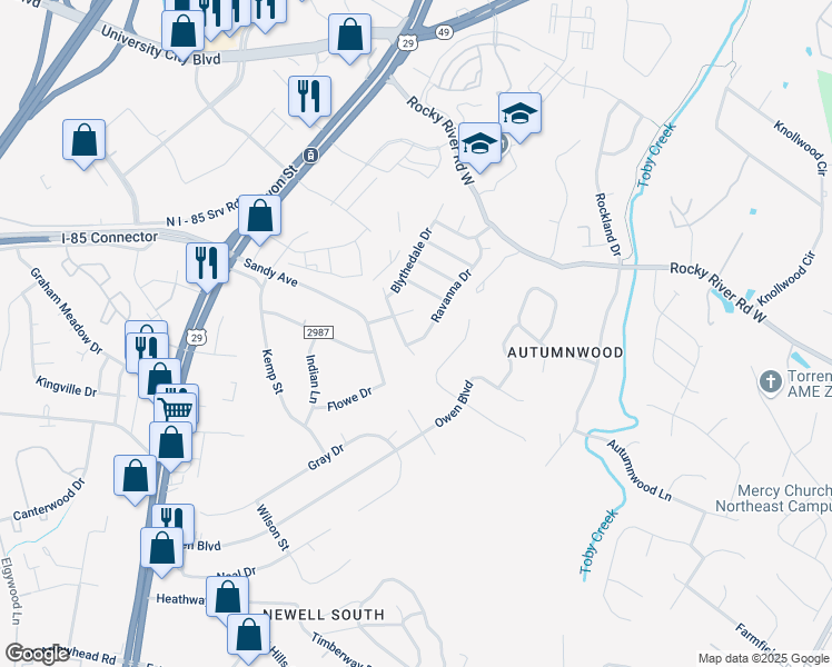 map of restaurants, bars, coffee shops, grocery stores, and more near 6644 Pattonsburg Drive in Charlotte