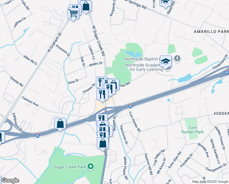 map of restaurants, bars, coffee shops, grocery stores, and more near 1408 West Sugar Creek Road in Charlotte