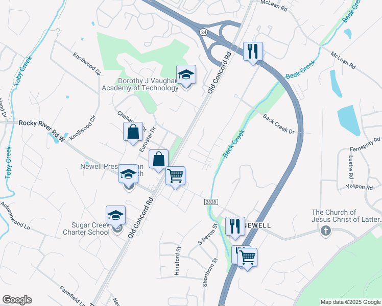 map of restaurants, bars, coffee shops, grocery stores, and more near 8401 University East Drive in Charlotte