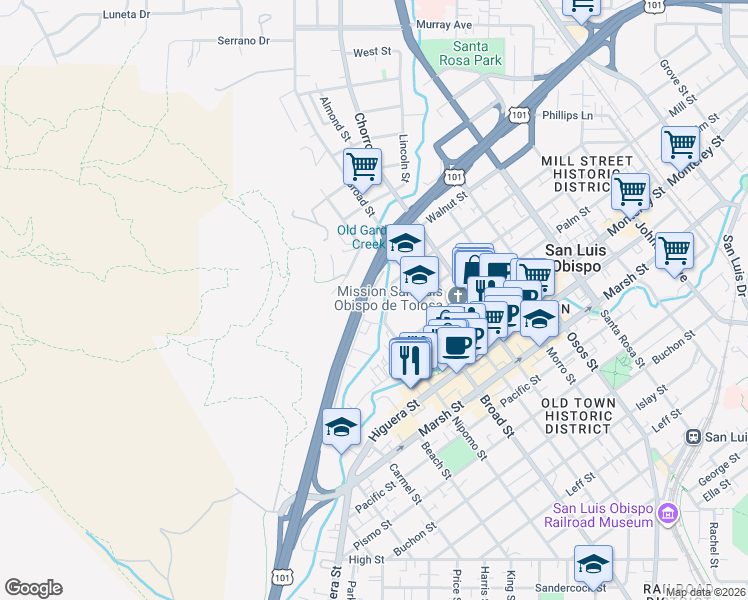 map of restaurants, bars, coffee shops, grocery stores, and more near 660 Hill Street in San Luis Obispo