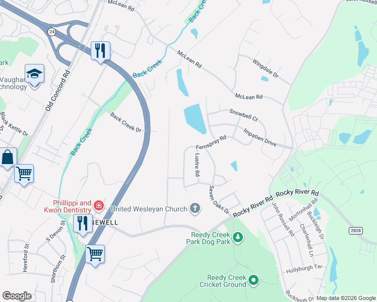 map of restaurants, bars, coffee shops, grocery stores, and more near 9613 Fernspray Road in Charlotte