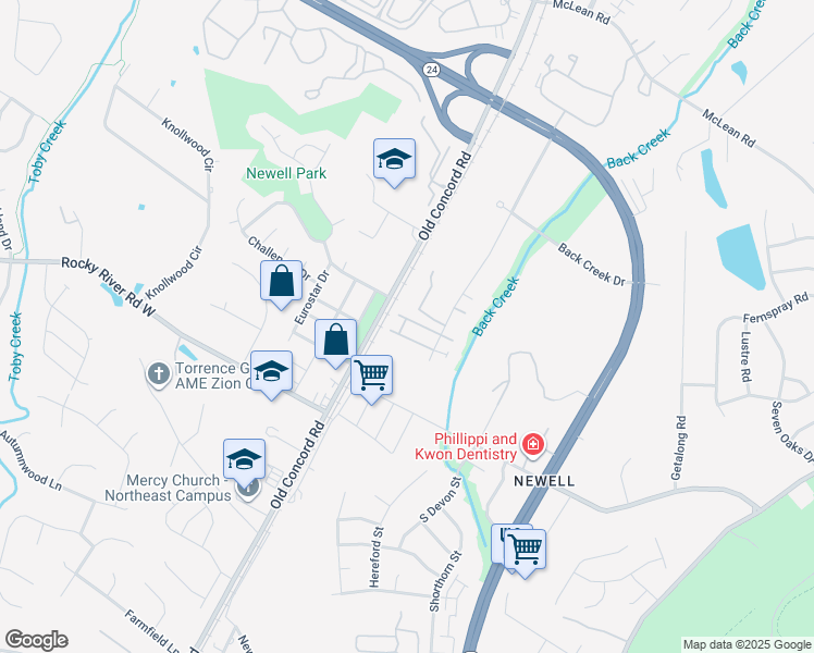 map of restaurants, bars, coffee shops, grocery stores, and more near 8401 University East Drive in Charlotte