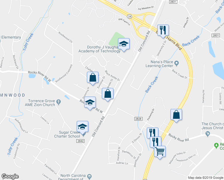 map of restaurants, bars, coffee shops, grocery stores, and more near 8238 Shinkansen Drive in Charlotte