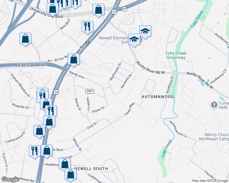 map of restaurants, bars, coffee shops, grocery stores, and more near 6644 Pattonsburg Drive in Charlotte