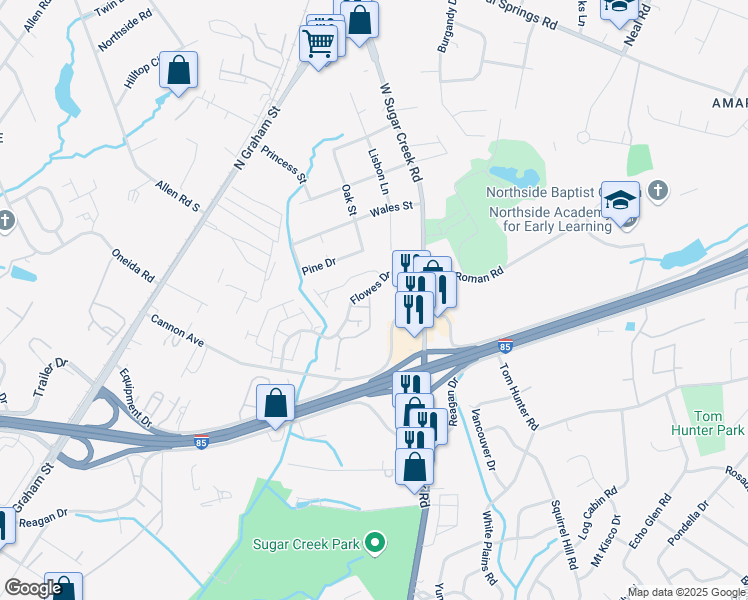 map of restaurants, bars, coffee shops, grocery stores, and more near 5125 Equipment Drive in Charlotte