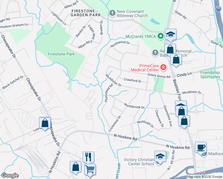 map of restaurants, bars, coffee shops, grocery stores, and more near 1317 Plumstead Road in Charlotte