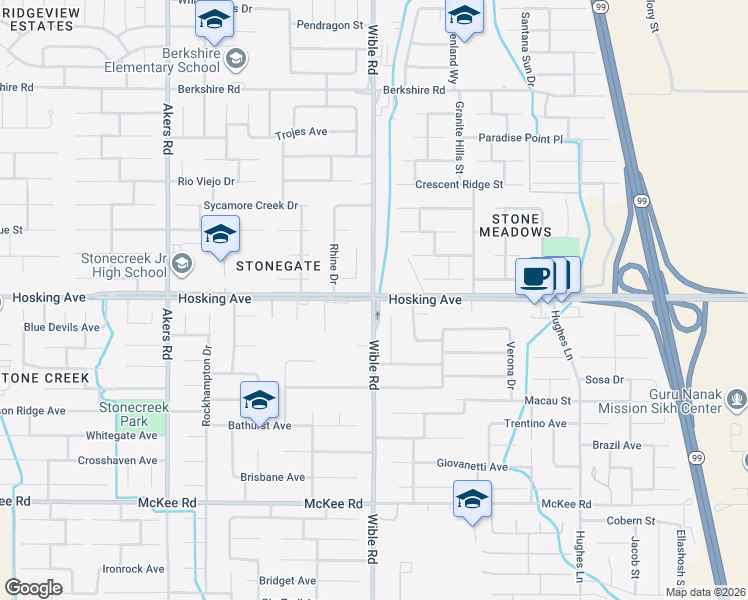 map of restaurants, bars, coffee shops, grocery stores, and more near Wible Rd & Hosking Ave in Bakersfield