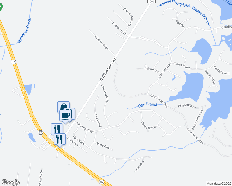 map of restaurants, bars, coffee shops, grocery stores, and more near 212 Coachman Way in Sanford