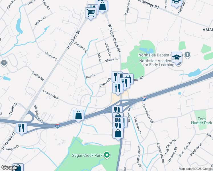map of restaurants, bars, coffee shops, grocery stores, and more near 5125 Equipment Drive in Charlotte