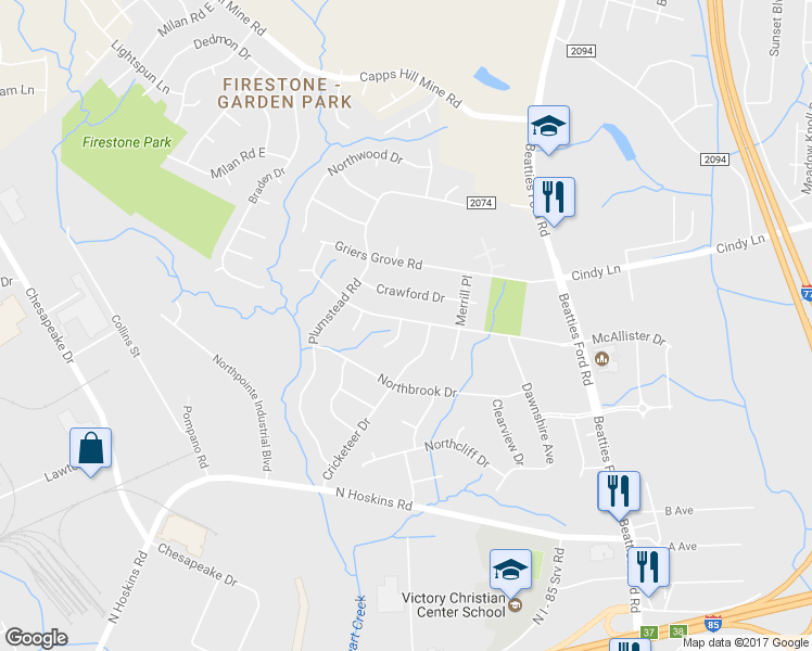 map of restaurants, bars, coffee shops, grocery stores, and more near 1600 McAllister Drive in Charlotte