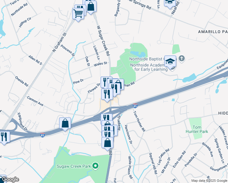 map of restaurants, bars, coffee shops, grocery stores, and more near 1408 West Sugar Creek Road in Charlotte
