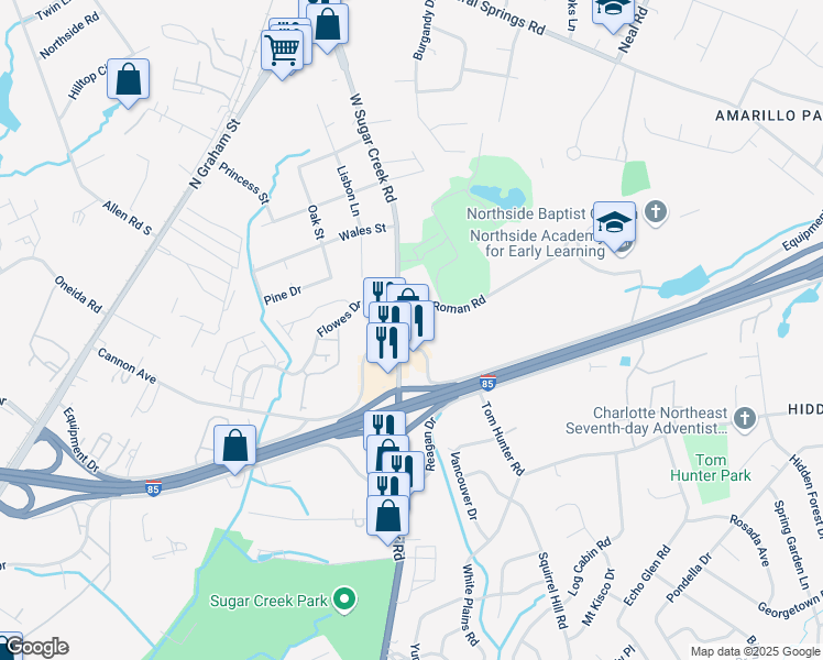 map of restaurants, bars, coffee shops, grocery stores, and more near 1408 West Sugar Creek Road in Charlotte