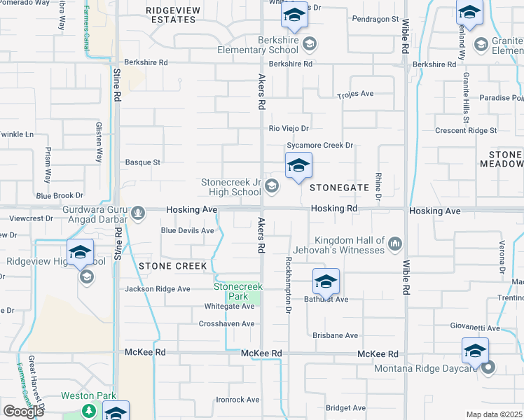 map of restaurants, bars, coffee shops, grocery stores, and more near Akers Road & Hosking Avenue in Bakersfield
