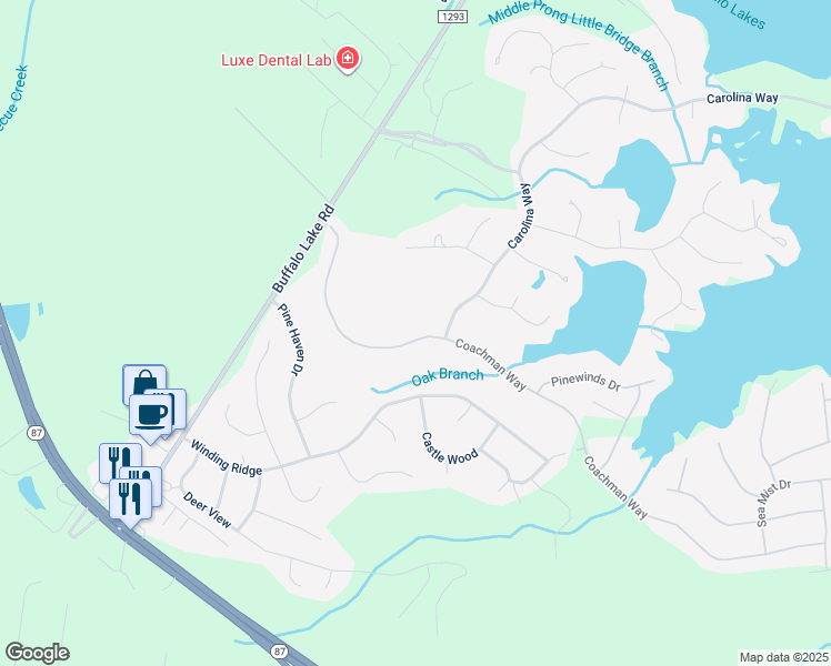 map of restaurants, bars, coffee shops, grocery stores, and more near 365 Coachman Way in Sanford
