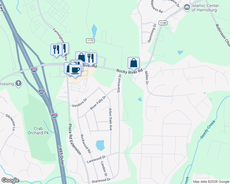 map of restaurants, bars, coffee shops, grocery stores, and more near 5307 River Falls Drive in Charlotte