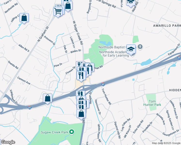 map of restaurants, bars, coffee shops, grocery stores, and more near 1408 West Sugar Creek Road in Charlotte