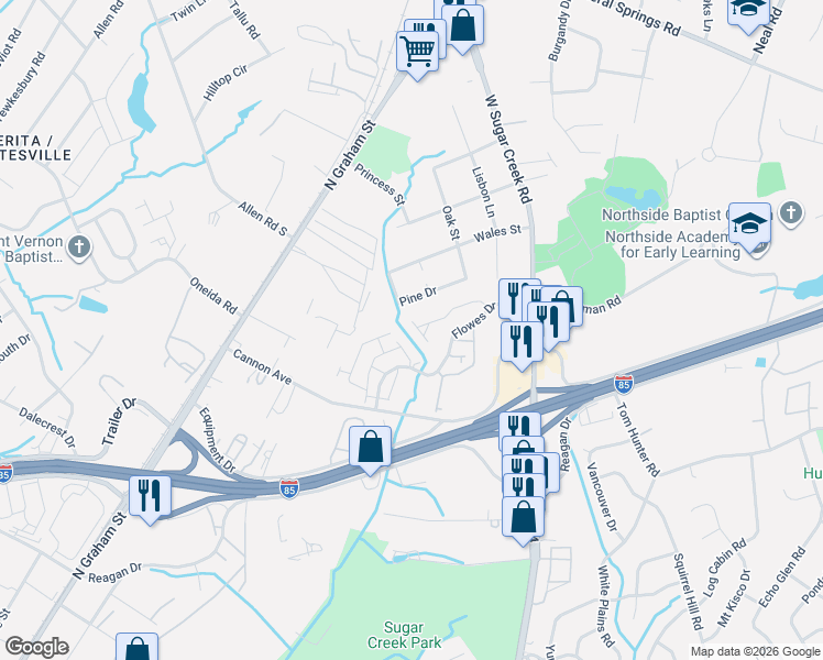 map of restaurants, bars, coffee shops, grocery stores, and more near 5200 Pine Drive in Charlotte