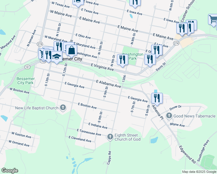 map of restaurants, bars, coffee shops, grocery stores, and more near 404 East Alabama Avenue in Bessemer City
