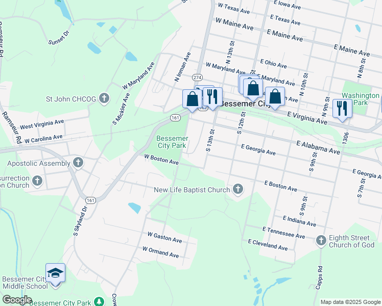 map of restaurants, bars, coffee shops, grocery stores, and more near 309 Park Terrace Drive in Bessemer City