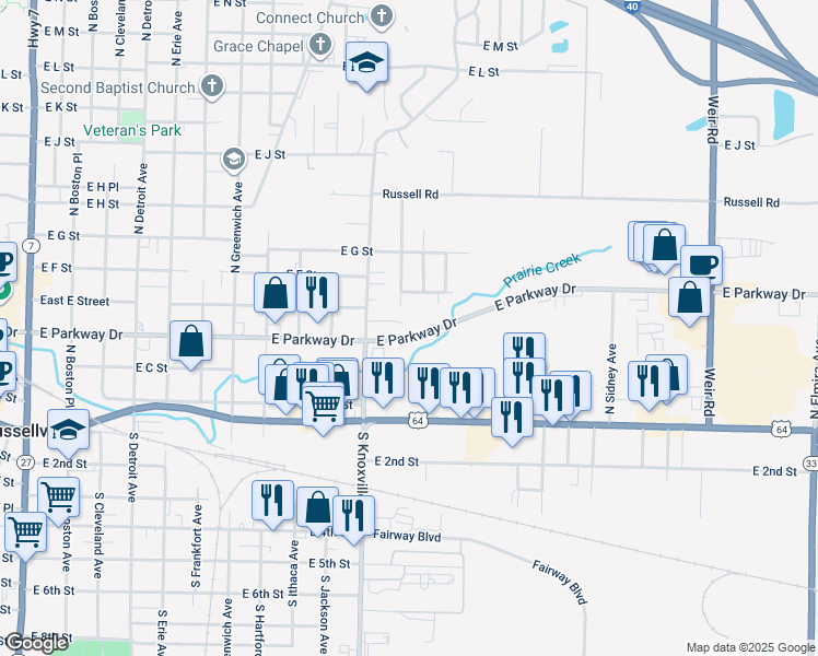 map of restaurants, bars, coffee shops, grocery stores, and more near 500 North Louisville Avenue in Russellville