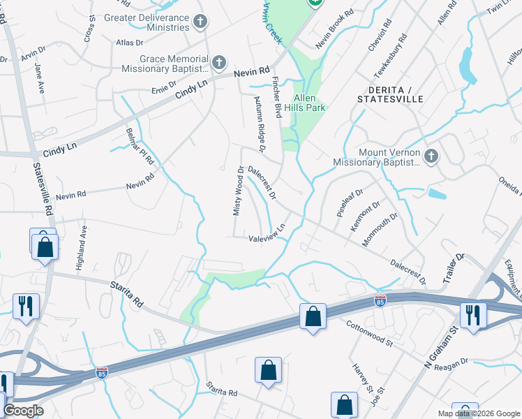 map of restaurants, bars, coffee shops, grocery stores, and more near 3342 Pine Meadow Drive in Charlotte