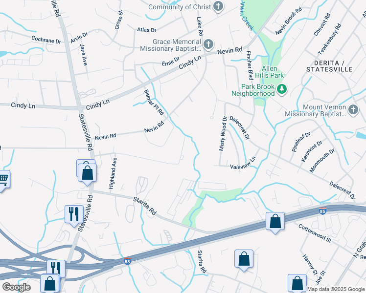 map of restaurants, bars, coffee shops, grocery stores, and more near 3638 Nevin Road in Charlotte