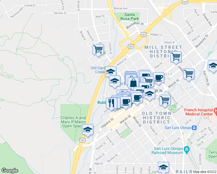 map of restaurants, bars, coffee shops, grocery stores, and more near 570 Peach Street in San Luis Obispo