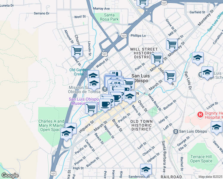 map of restaurants, bars, coffee shops, grocery stores, and more near 815 Palm Street in San Luis Obispo