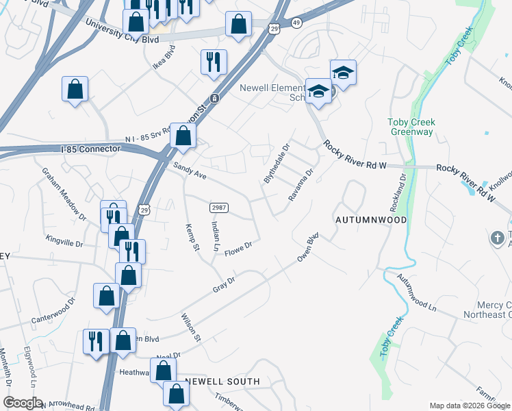 map of restaurants, bars, coffee shops, grocery stores, and more near 413 Sandy Avenue in Charlotte