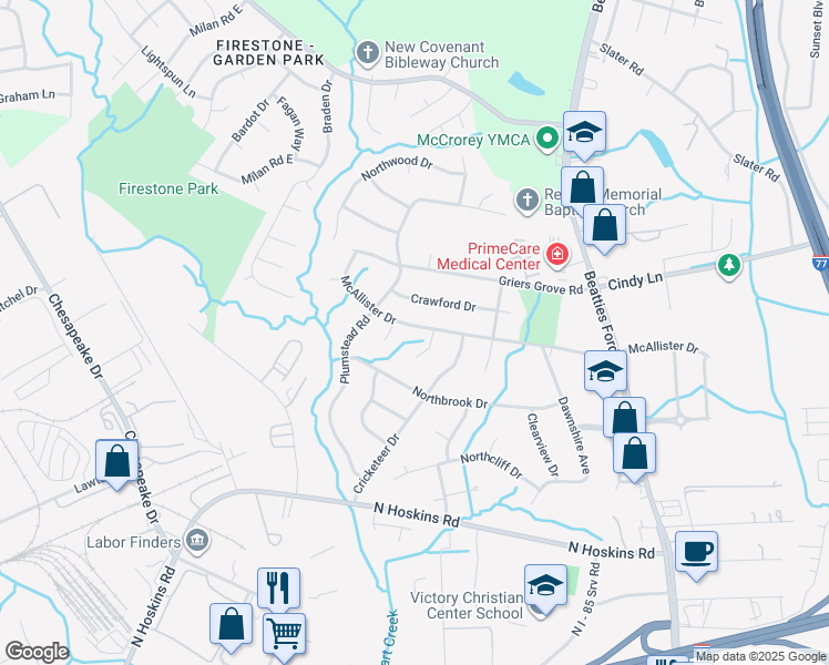 map of restaurants, bars, coffee shops, grocery stores, and more near 1524 McAllister Drive in Charlotte