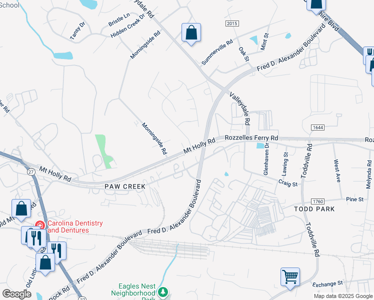 map of restaurants, bars, coffee shops, grocery stores, and more near 7110 Mount Holly Road in Charlotte