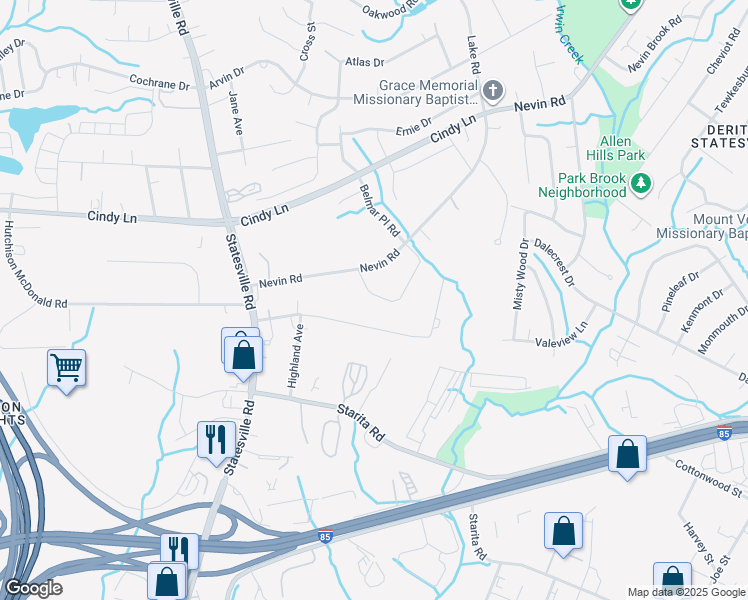 map of restaurants, bars, coffee shops, grocery stores, and more near 4627 Victory Lane in Charlotte