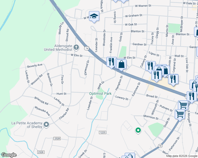 map of restaurants, bars, coffee shops, grocery stores, and more near 804 Dixon Street in Shelby