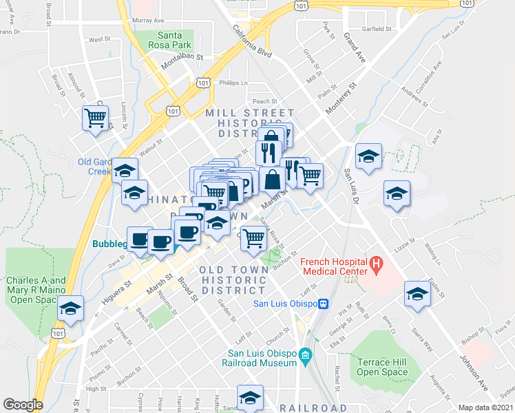 map of restaurants, bars, coffee shops, grocery stores, and more near 1114 Marsh Street in San Luis Obispo