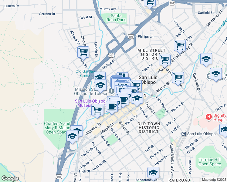 map of restaurants, bars, coffee shops, grocery stores, and more near 778 Palm Street in San Luis Obispo