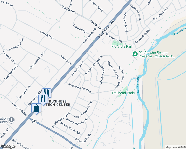 map of restaurants, bars, coffee shops, grocery stores, and more near 6365 Crow Road Northeast in Rio Rancho