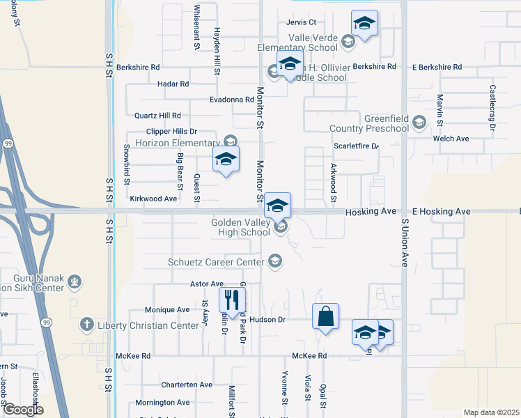 map of restaurants, bars, coffee shops, grocery stores, and more near 7901 Monitor Street in Bakersfield