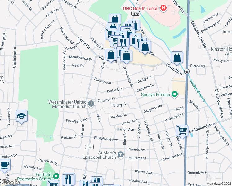 map of restaurants, bars, coffee shops, grocery stores, and more near 802 Darby Ave in Kinston