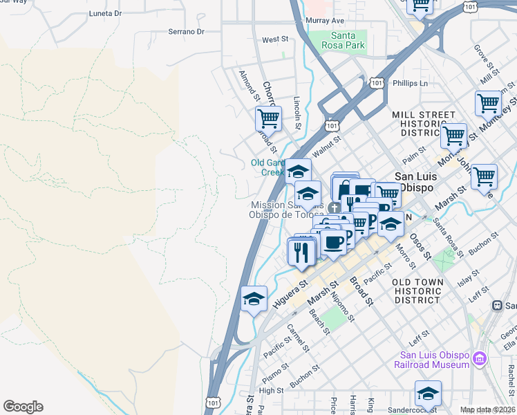 map of restaurants, bars, coffee shops, grocery stores, and more near 660 Hill Street in San Luis Obispo