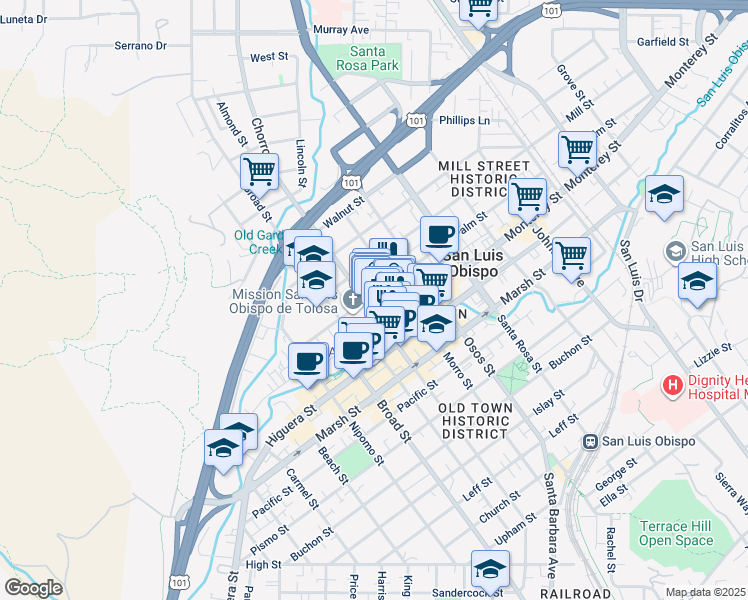 map of restaurants, bars, coffee shops, grocery stores, and more near 778 Palm Street in San Luis Obispo