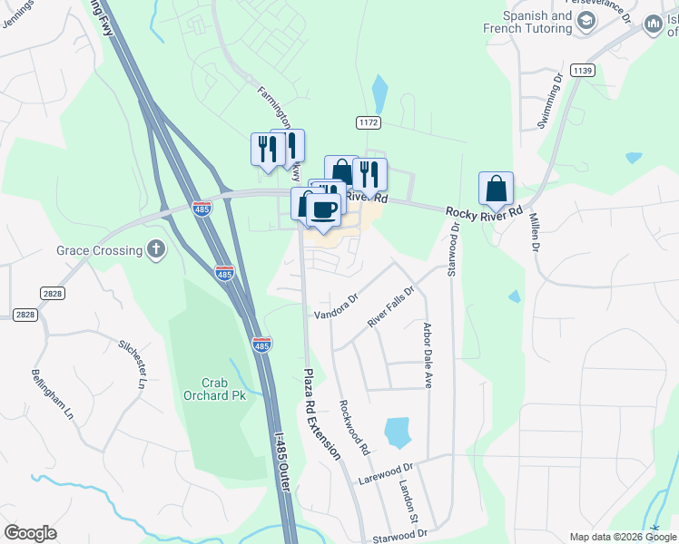 map of restaurants, bars, coffee shops, grocery stores, and more near 5647 Stafford Road in Charlotte